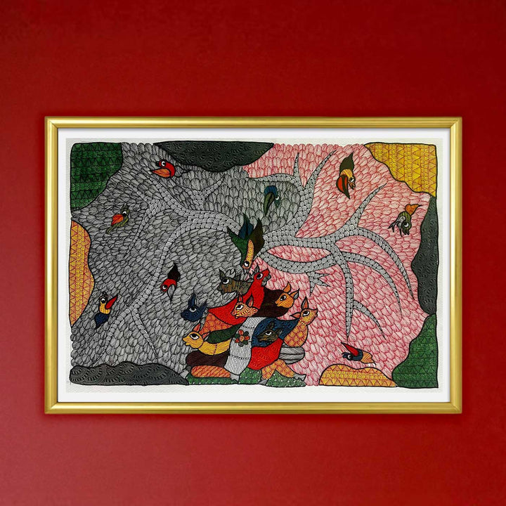 15 x 22 Inch | Nature’s Chorus | Original Hand Painted Tribal Gond Art Painting | Acrylic Paints On Paper
