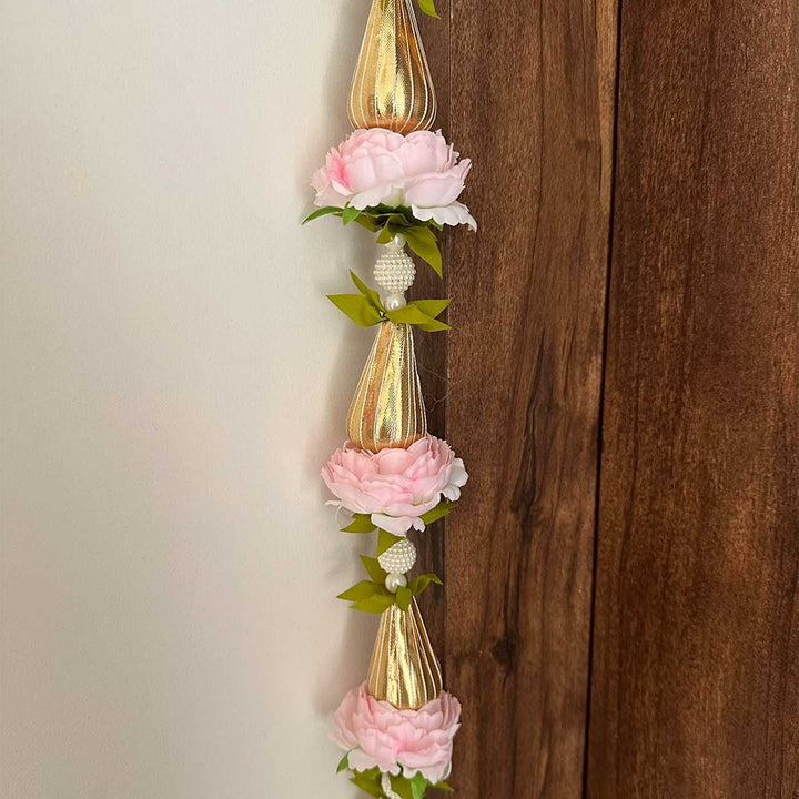 5 Pc | Handmade Pink Gajra & Flower Hangings With Golden Accents