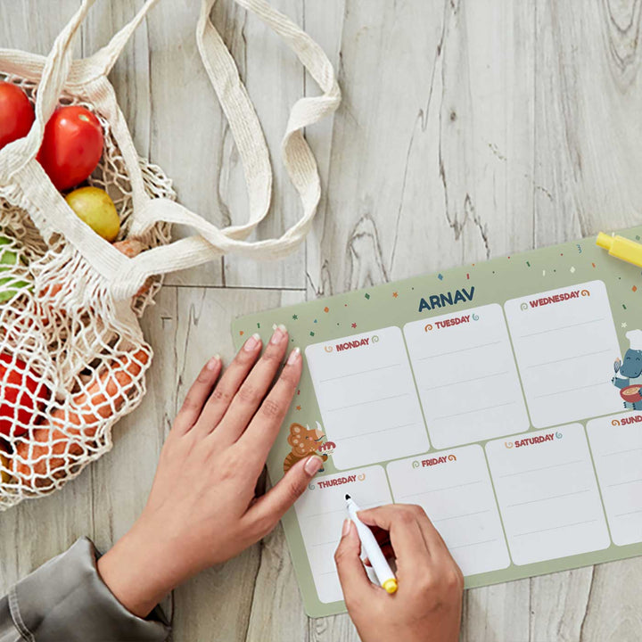Personalized Dino Party Theme Wooden Meal Planner