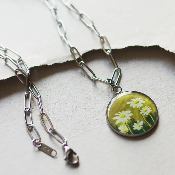 Illustrated Daisies Flower Design Resin & Stainless Steel Necklace