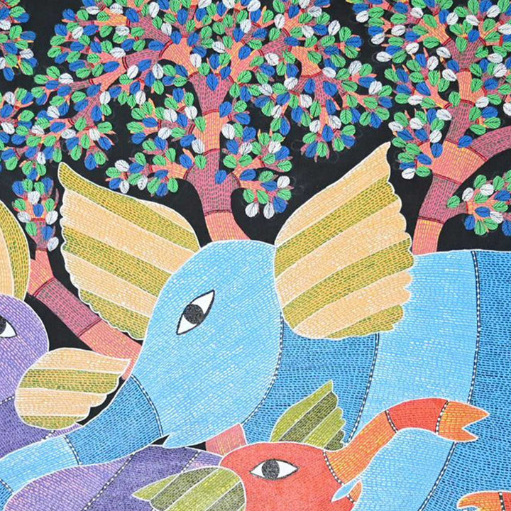 15 x 22 Inch | Family of Elephants | Original Hand Painted Tribal Gond Art Painting | Acrylic Paints On Canvas