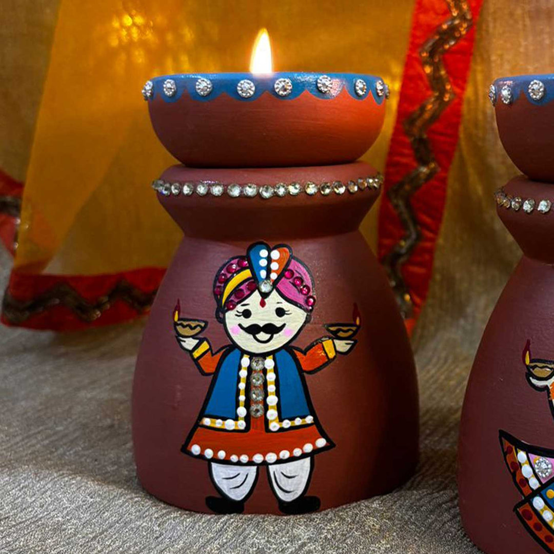 Hand-Painted Diwali Special Rajasthani Couple Theme Terracotta Tealight Holder | Set Of 2