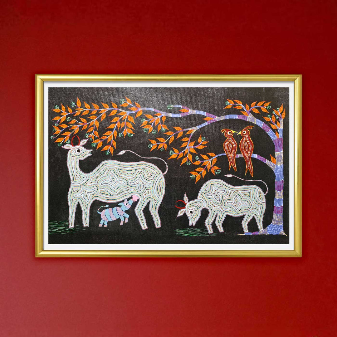 18 x 30 Inch | Cow Family | Original Hand Painted Bhill Painting | Acrylic Paints On Canvas