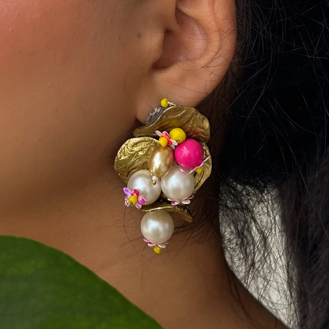 Hand Embroidered Beaded Gold Metal Embellishments Cotton Earrings