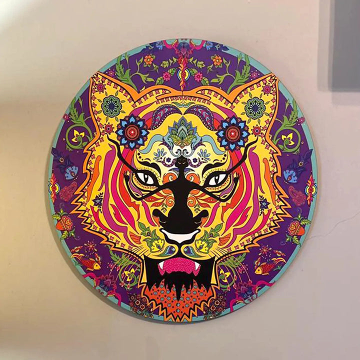 Printed Round Floral Tiger Theme MDF Wood Wall Decor