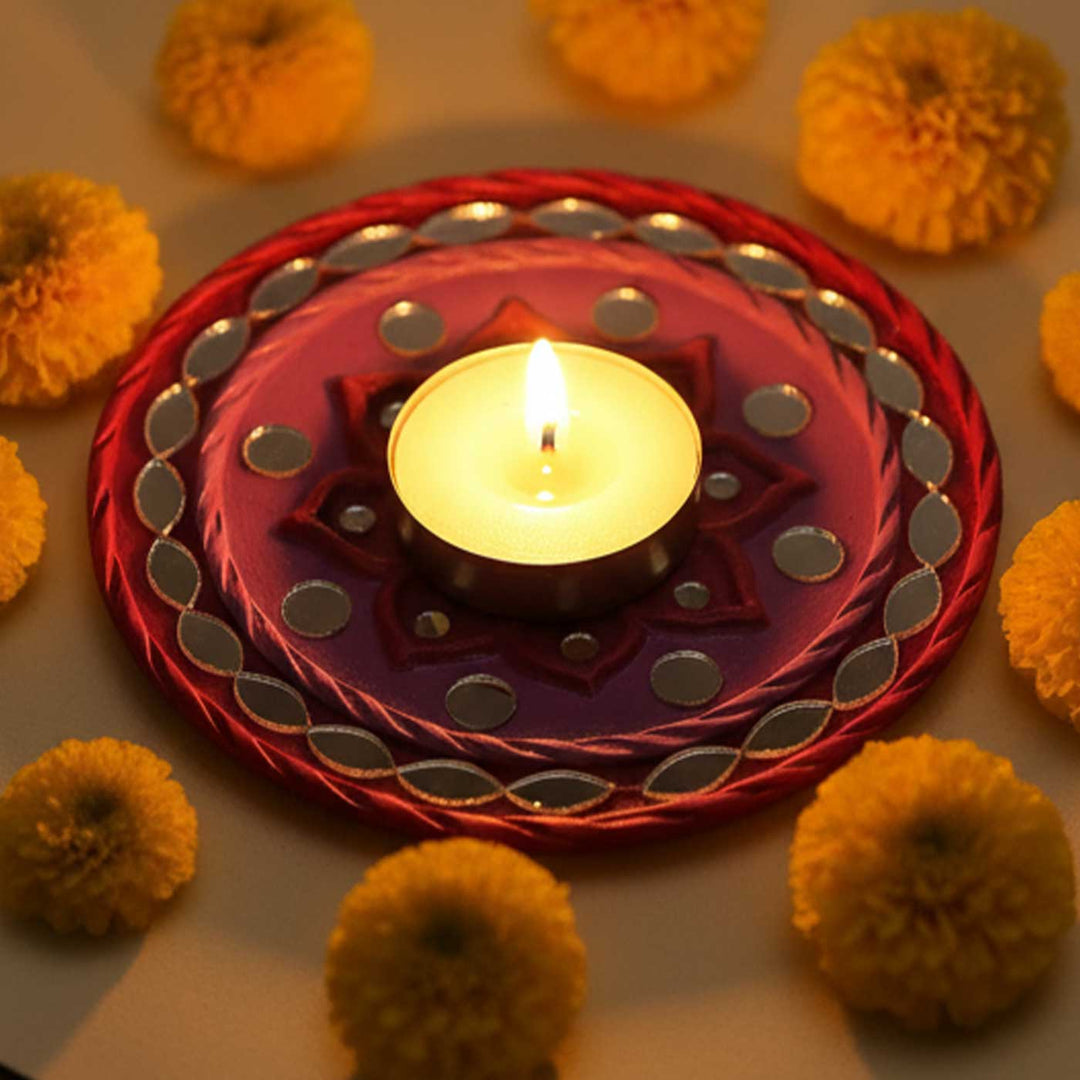 Handmade Mirror Work Lippan Manjari Clay Tealight Holder
