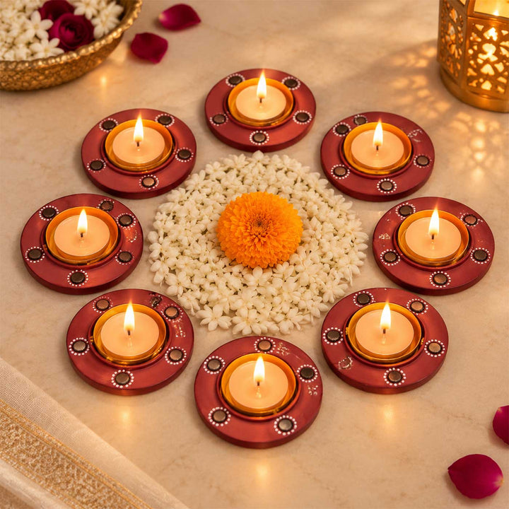 Set of 8 | Natural Finish Hand-Painted Terracotta Disc Diya Tealight Holders For Festive Decor