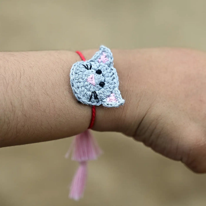 Handmade Crochet Cat Theme Kids Rakhi With Roli Chawal