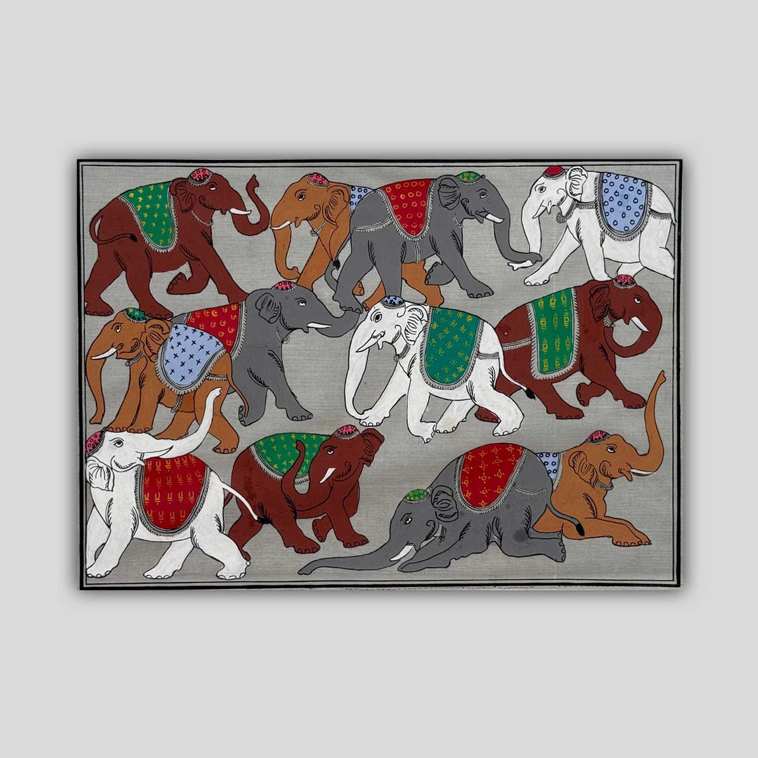 16 X 12 Inch | Handmade Silk Elephant Herd Painting