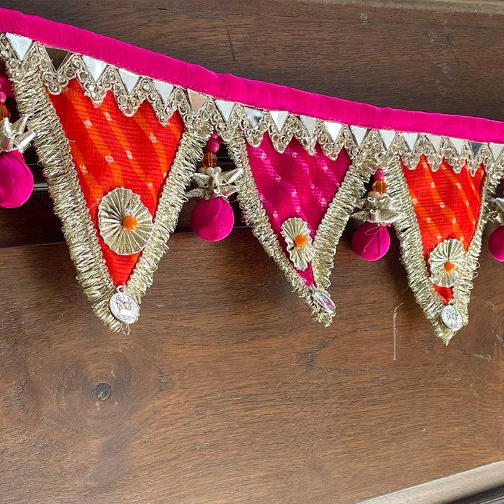 Handmade Pink & Orange Gota Triangle Festive Banderwal Toran with Pom Poms