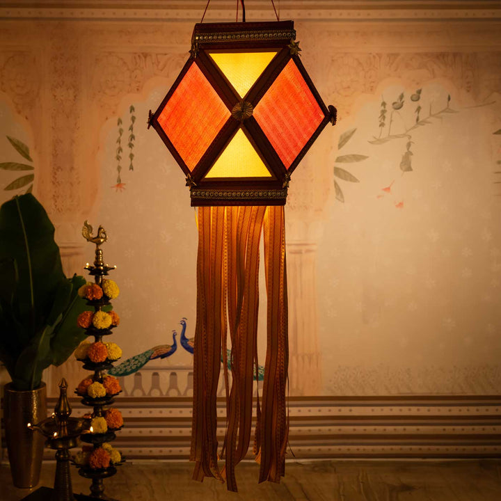 Handmade Decorative Red & Yellow Premium Khun Fabric Akash Kandil/Lantern