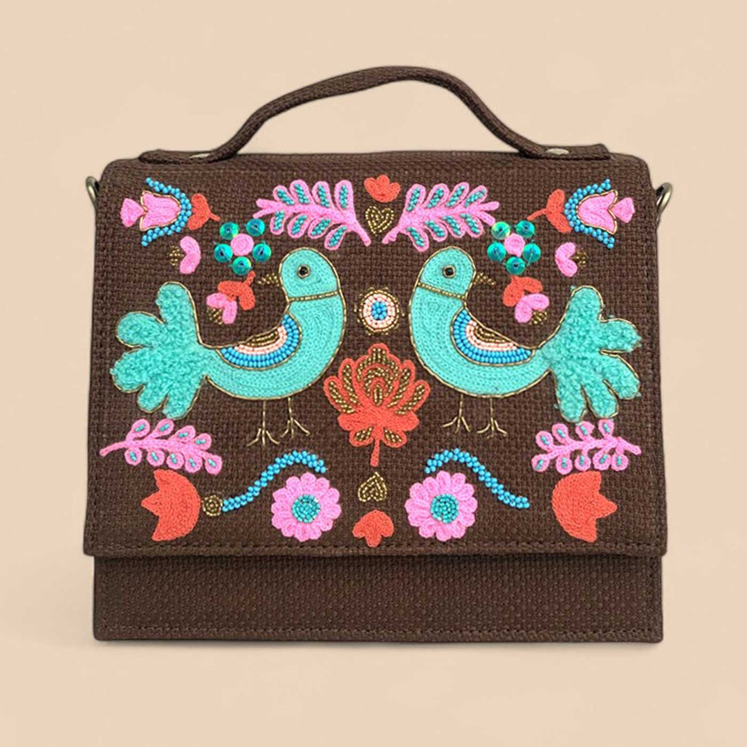 Handmade Embroidered Bird Design Brown Matrix Sling Bag