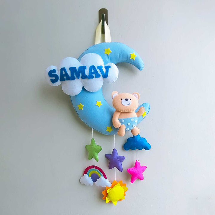 Personalized Teddy On Moon Theme Felt Kids Name Plate