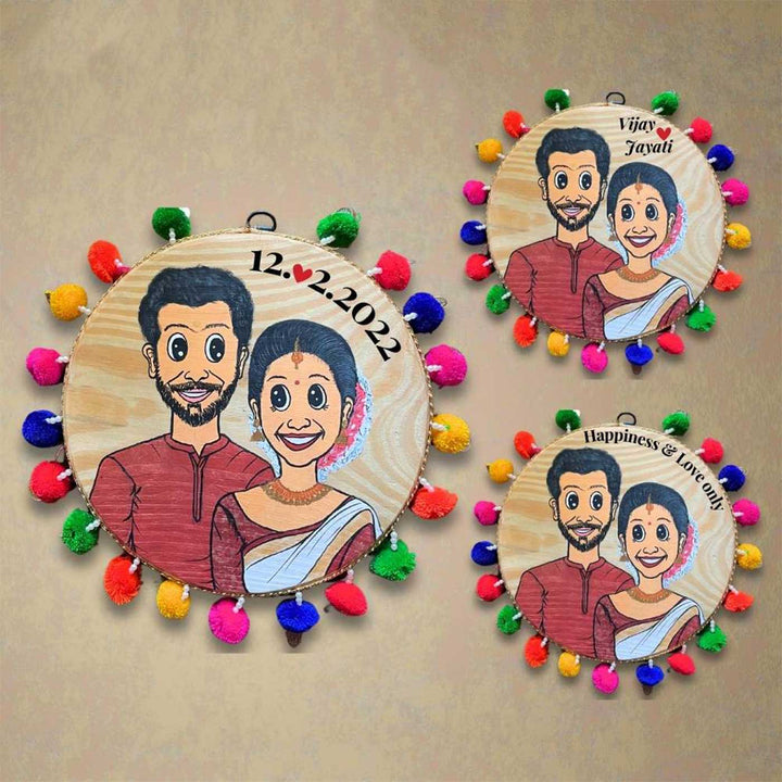 Photo Personalized Caricature Multicolour Wall Art With Pom Poms