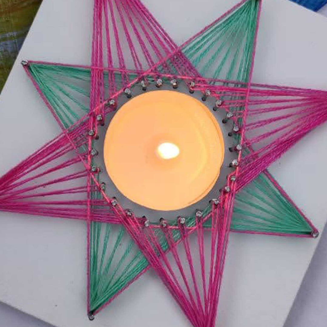 Handmade String Art Flower Design Wooden Tealight Holder With Tealight Candle