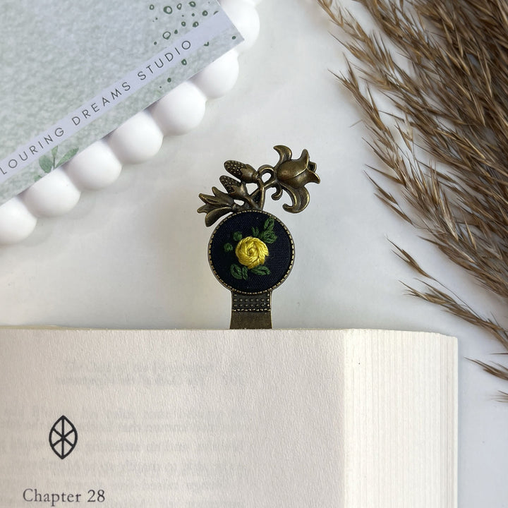 Hand Embroidered Rosa Lutea Bronze Bookmark