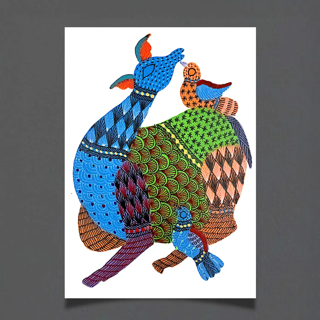 6 x 8 Inch | Harmony in the Wild | Original Hand painted Tribal Gond Art Painting | Acrylic Paints On Paper
