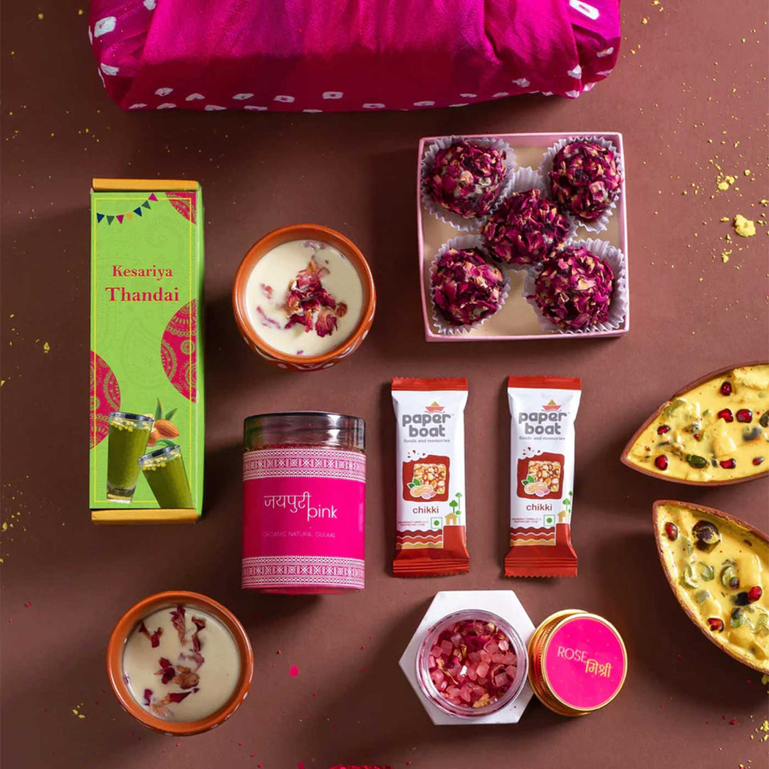 Sweet Hues of Holi Gift Hamper | Includes 1 Thandai, 2 Paper Boat Chikkis, 1 Pink Gulaal, 1 Rose Mishri, 1 Rose Dry Petals Laddoo Box, 2 Kulhads, 1 Classic Gift Box