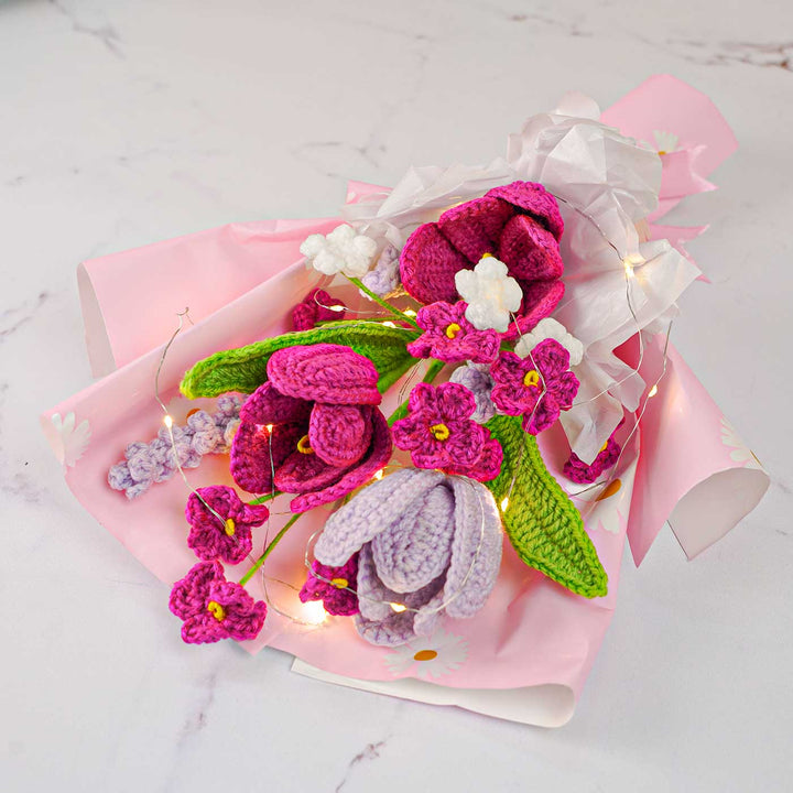 Handmade Crochet Violet Flower Bouquet With Lights