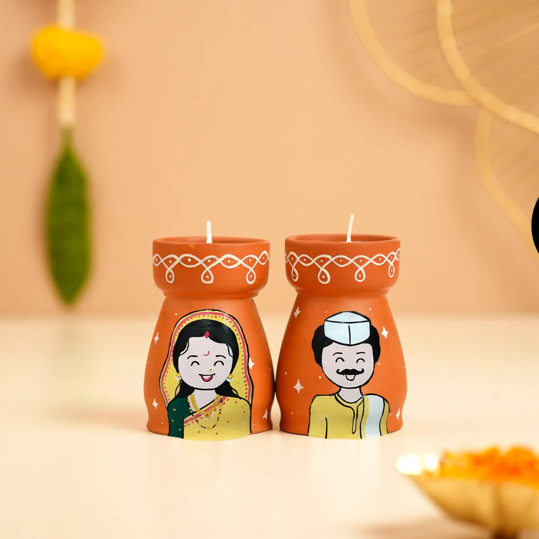Hand-Painted Maharata Couple Terracotta Tealight Holder | Set Of 2