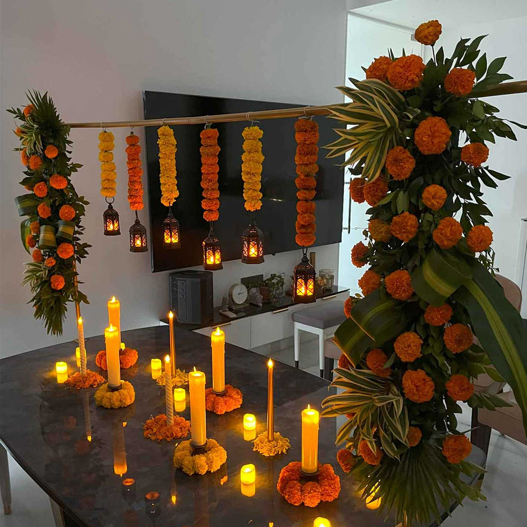 Gold Table Decor Kit with Adjustable Stand, LED Pillar Candles & Black Lanterns