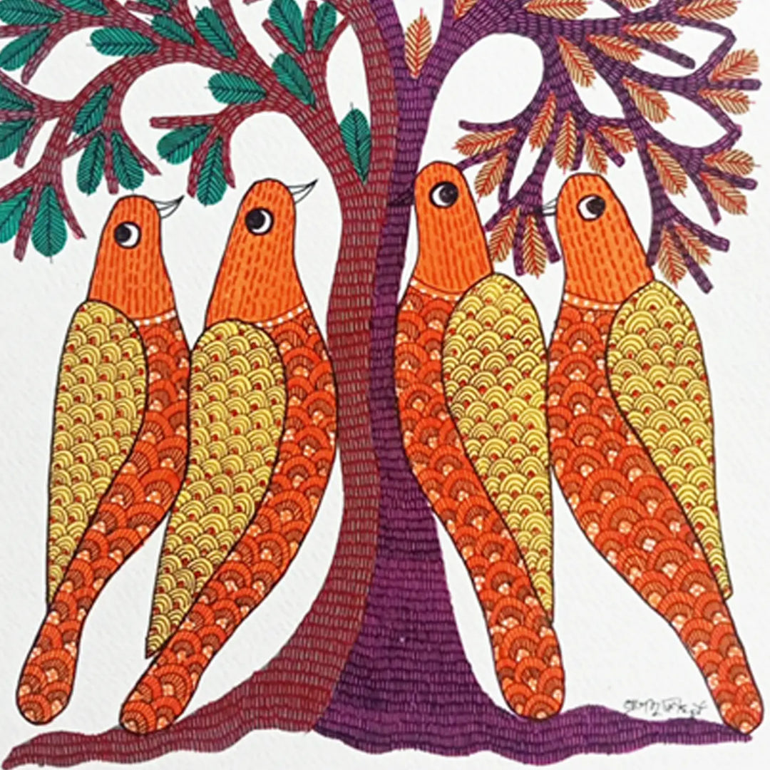 11 x 16 Inch | Birds & Tree | Original Hand Painted Tribal Gond Art Painting | Acrylic Paint On Paper