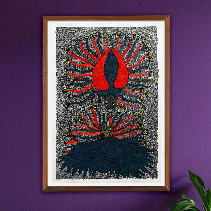 15 x 22 Inch | Two Peacock | Original Hand Painted Tribal Gond Art Painting | Acrylic Paints On Paper