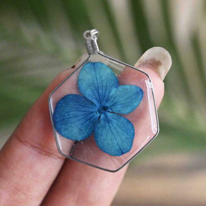 Handmade Preserved Flower Azure Blue Hydrangea Brass Necklace