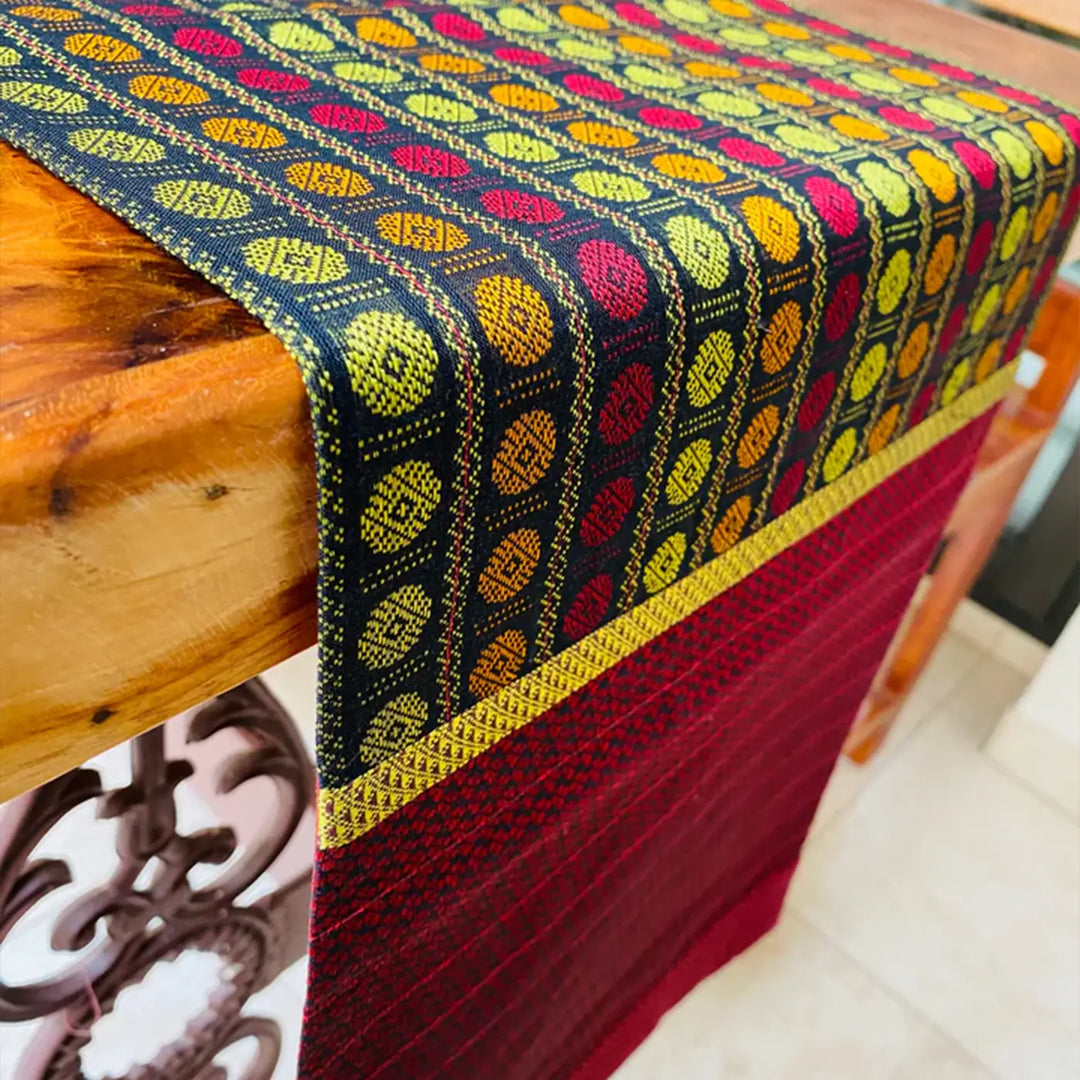 Handmade Colorful Rudraksha Design Khunn Fabric Cotton Table Runner | 13 x 60 Inch