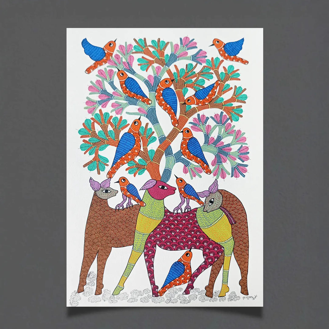 24 x 36 Inch | Sky & Earth | Original Hand Painted Tribal Gond Art Painting | Acrylic Paint On Canvas