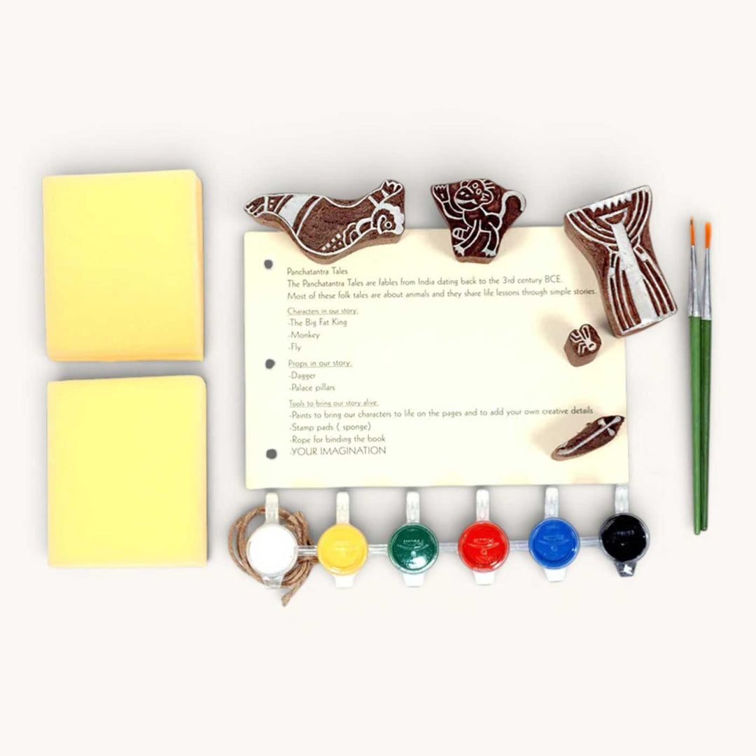 King And The Foolish Monkey Panchatantra Block Printing DIY Kit | 5 Stamps, Poster Colours, Painting Brush, Printing Pads, Story Cards  And Jute String