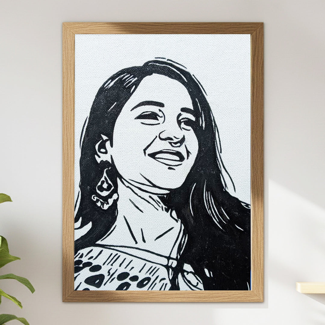 Photo Personalized Black & White Hand Painted Portrait With Premium Wooden Frame