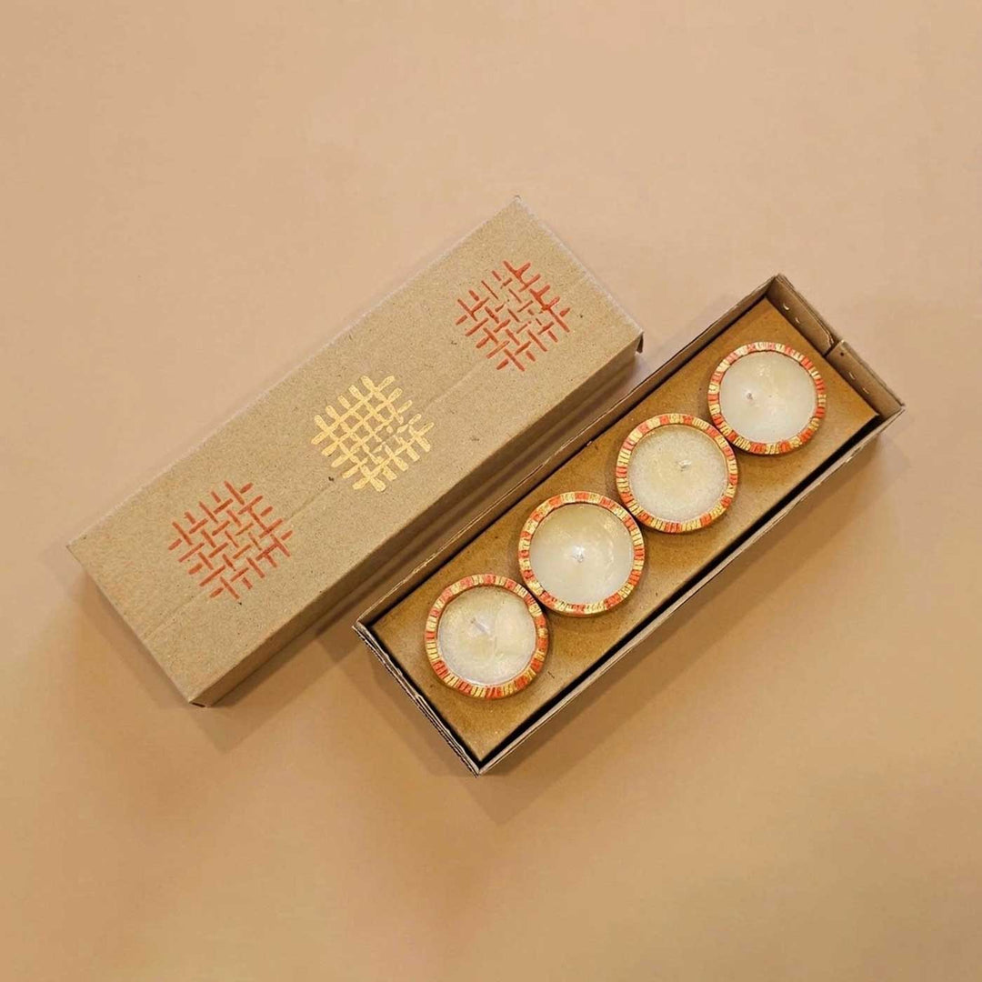 4 pc | Hand-Painted Round Terracotta Tealight Diya For Festive Decor