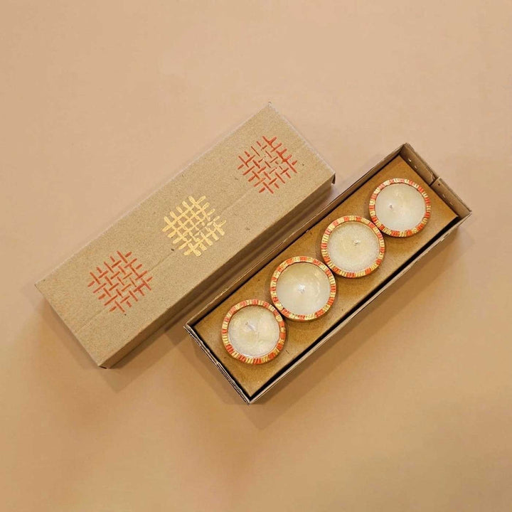 4 pc | Hand-Painted Round Terracotta Tealight Diya For Festive Decor