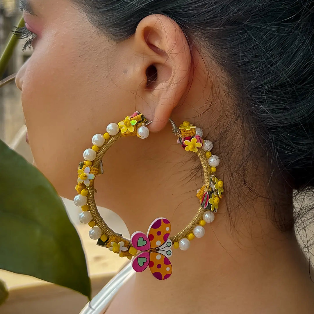 Hand Embroidered Beaded Butterfly & Floral Garden Theme Hoop Cotton Earrings