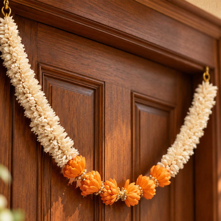 Handmade Marigold Champai Orange & Ivory Sola Wood Flower Toran with Pearl Beads