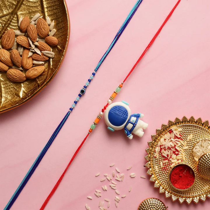 Handmade Astronaut & Evil Eye Kids Rakhi With Roli Chawal | Set Of 2