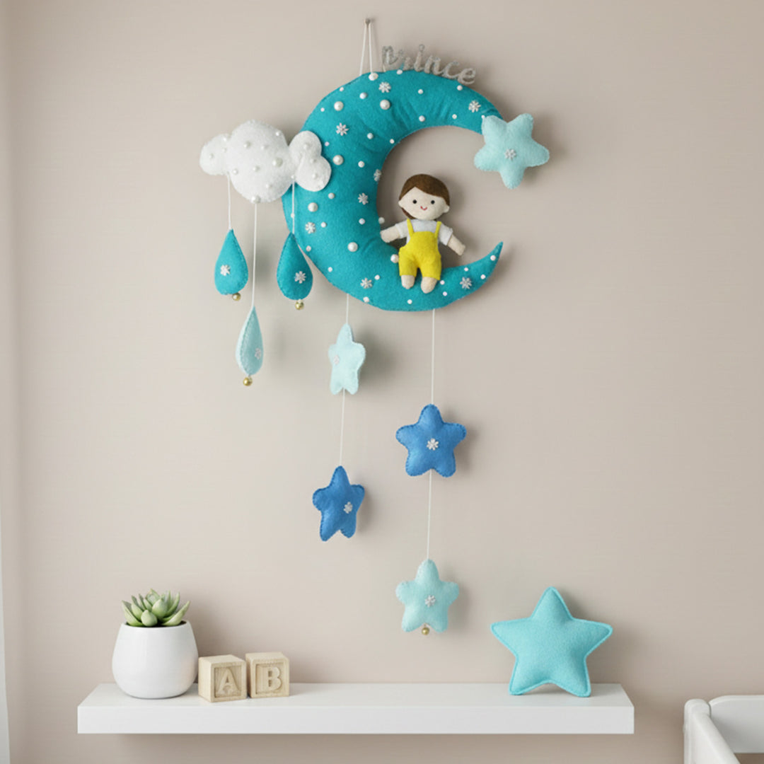 Personalized Handmade Moon Theme Felt Kids Name Plate With Date of Birth