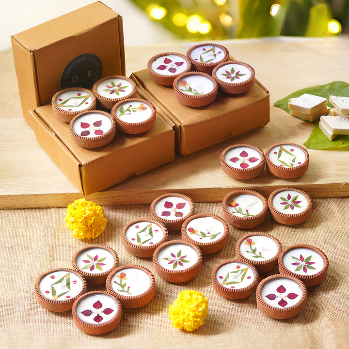 Handmade Pressed Flower Soy Wax & Earthen Festive 1 Inch Diyas