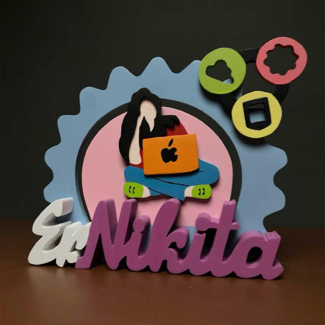 Personalized Green Software Engineer Mdf Wood Desk Name Plate - Front View on Surface Display