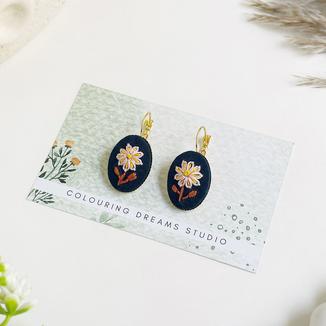 Hand Embroidered Twilight Bloom Golden Tone Earrings