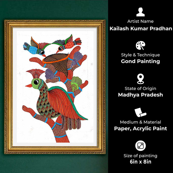 6 x 8 Inch | Bird Family With Nest | Original Hand painted Tribal Gond Art Painting | Acrylic Paints On Paper