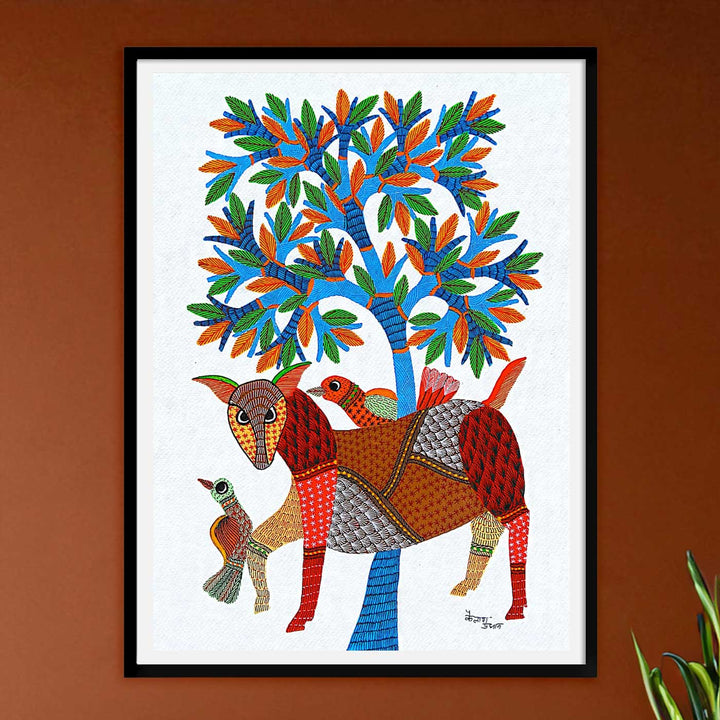 11 x 15 Inch | Animal, Birds & Tree | Original Hand painted Tribal Gond Art Painting | Acrylic Paints On Paper