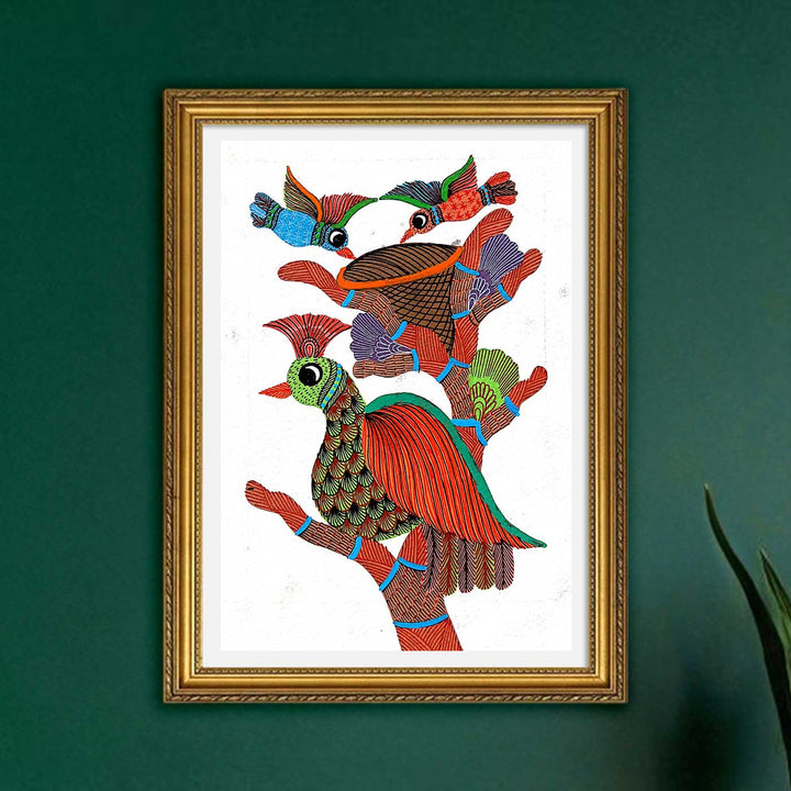 6 x 8 Inch | Bird Family With Nest | Original Hand painted Tribal Gond Art Painting | Acrylic Paints On Paper