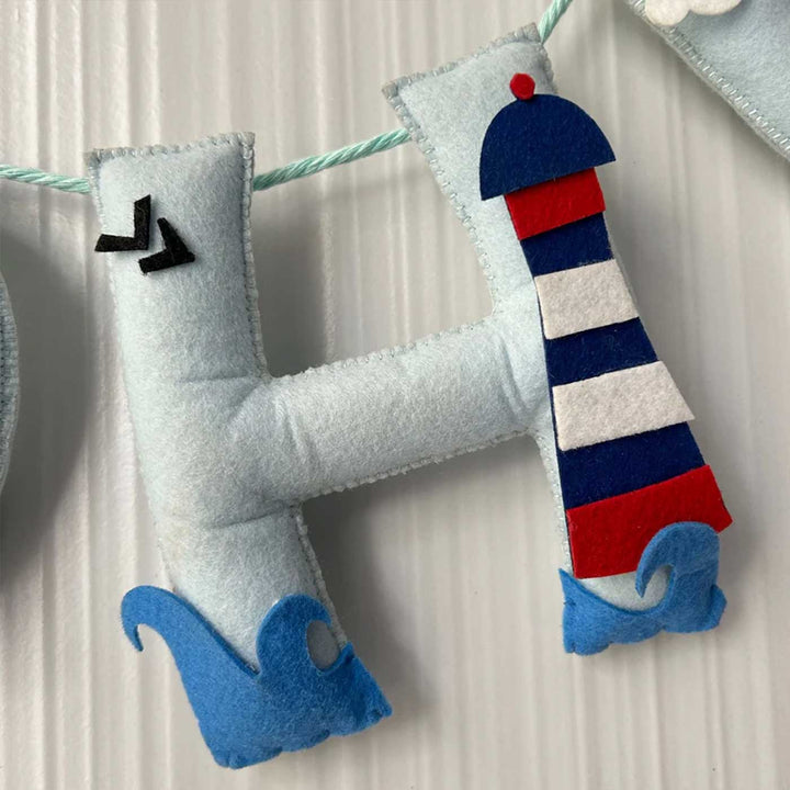 Personalized Nautical Felt Bunting Garland For Kids - Close-up Hanging on String Display