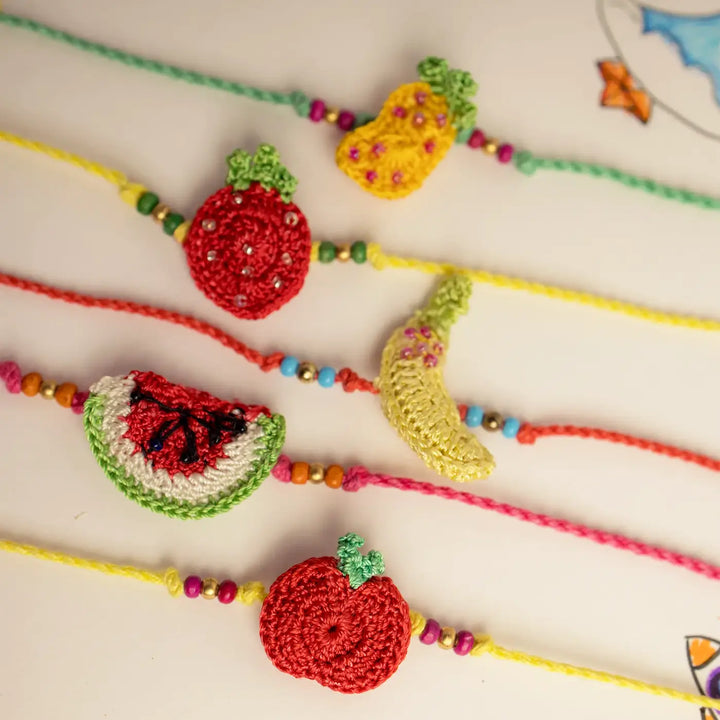 Handmade Crochet Fruits Theme Kids Rakhi With Roli Chawal | Set Of 5