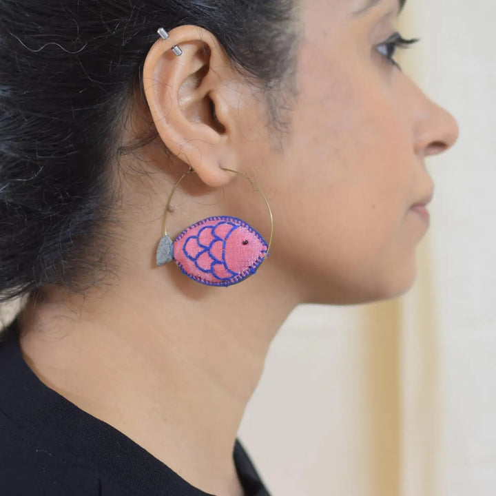 Handmade Textile Art Fish Shaped Hoop Dupion Silk Fabric Earrings