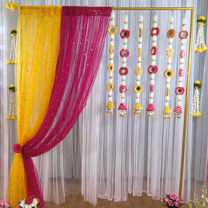 Festive Glam Pink & Yellow Sheer Drape Backdrop Decor Kit With Mirror Cone Tassels