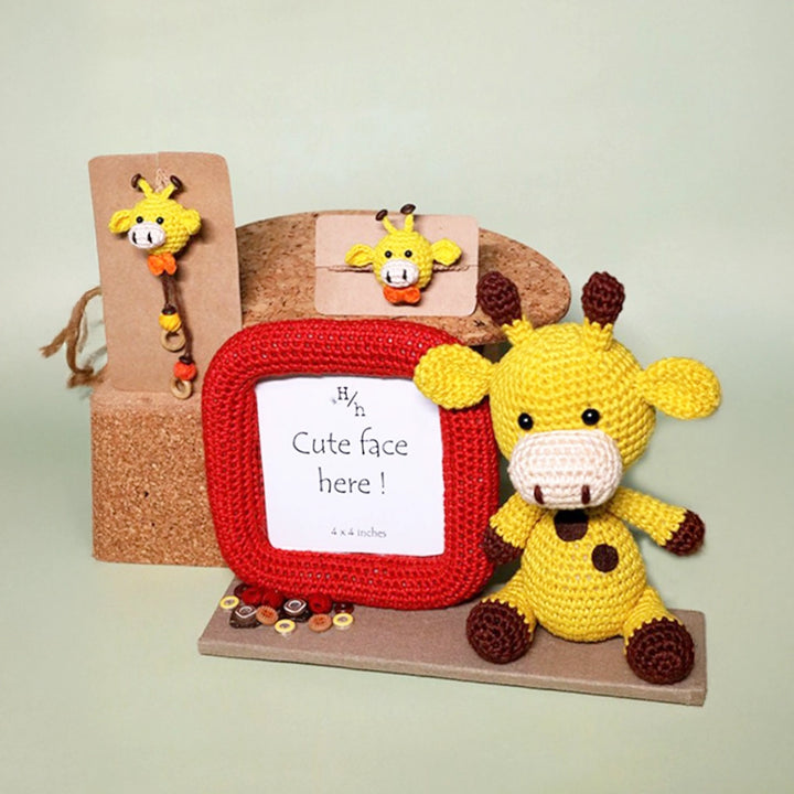 Handmade Crochet Giggling Giraffe Kids Rakhi With Roli Chawal - Display of Matching Crochet Set