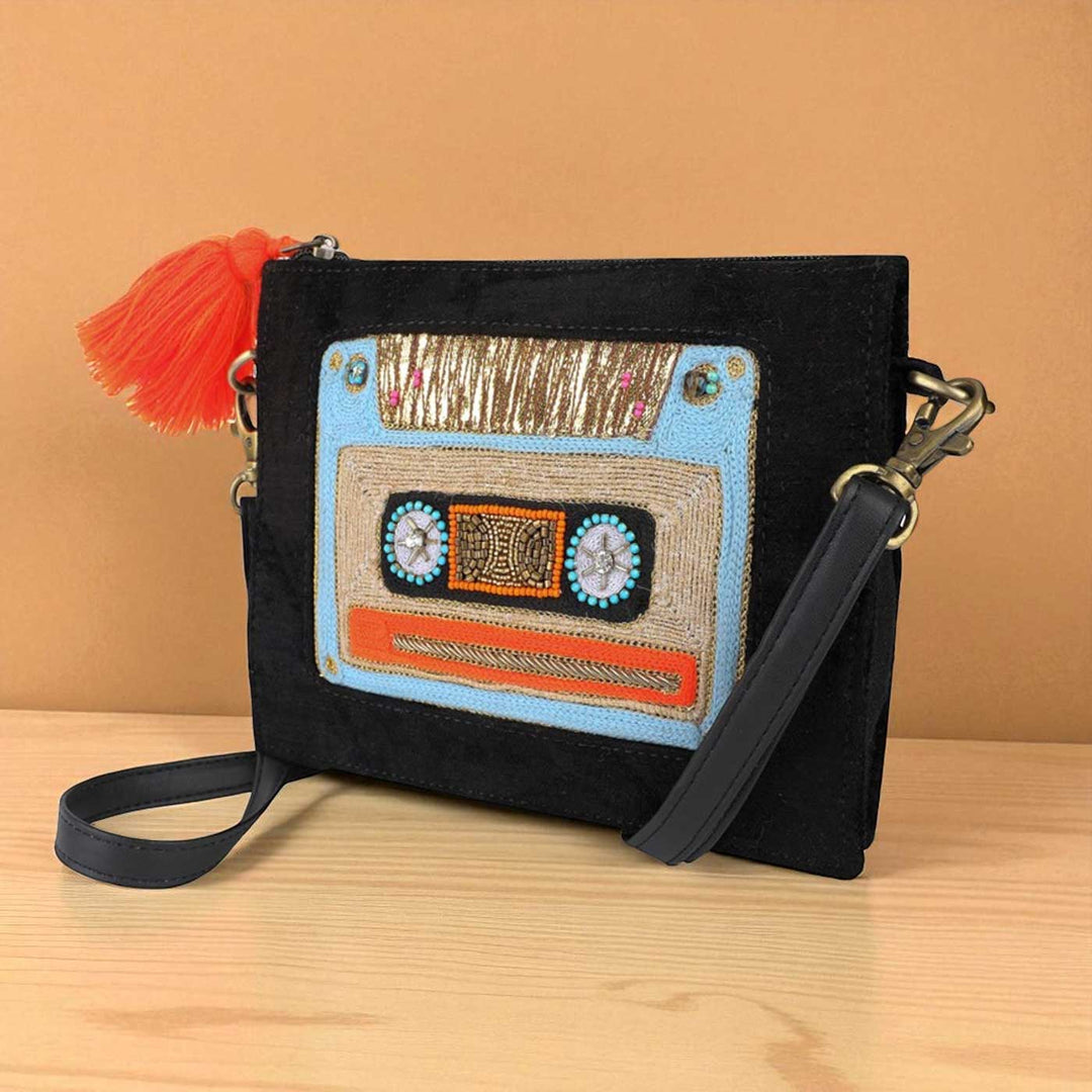 Handmade Embroidered Cassatte Design Black Velvet Sling Bag